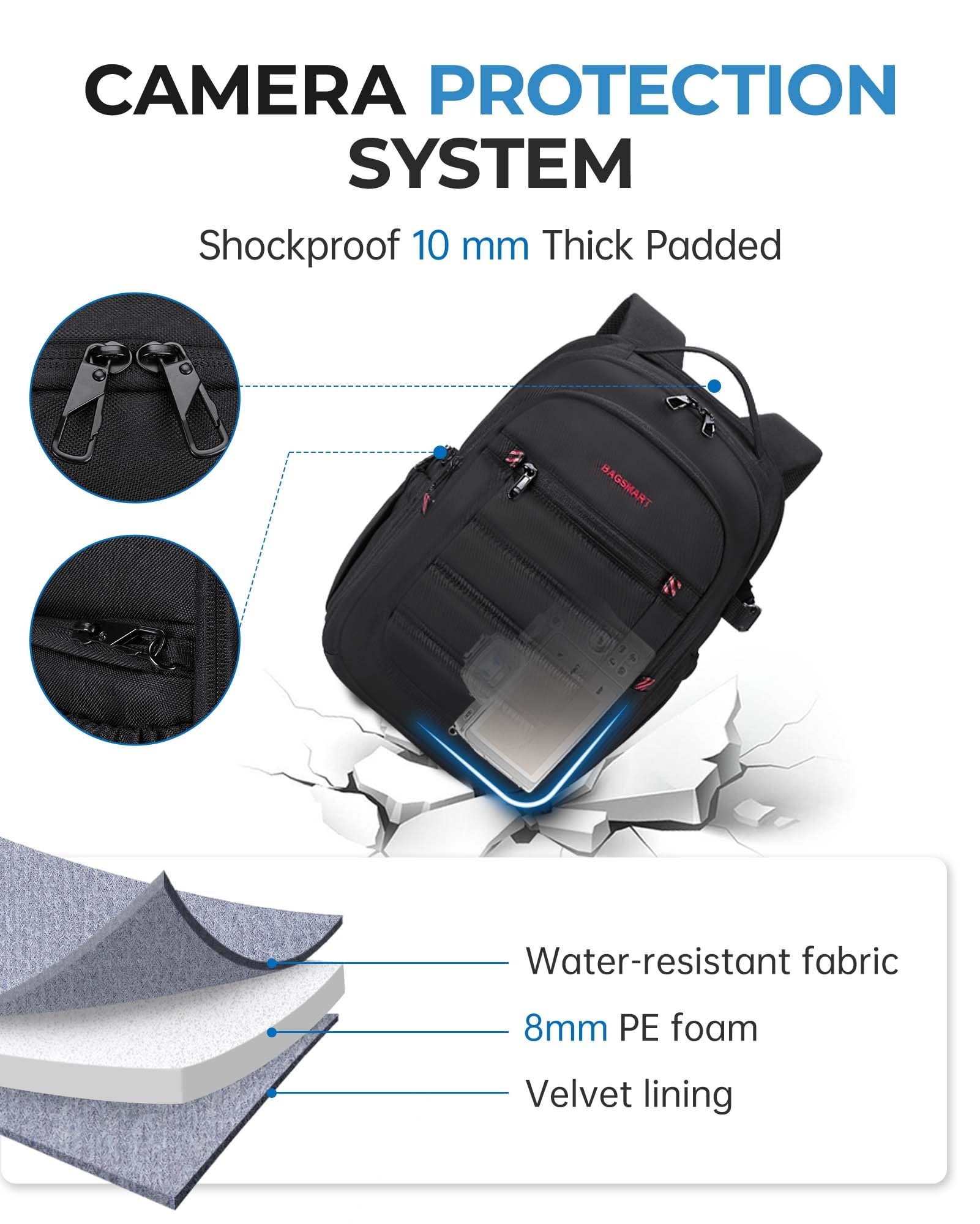 BAGSMART Camera Backpack, Expandable DSLR SLR Camera Bags for Photographers, Photography Travel Backpack with 15.6" Laptop Compartment, Rain Cover & Tripod Holder, Black