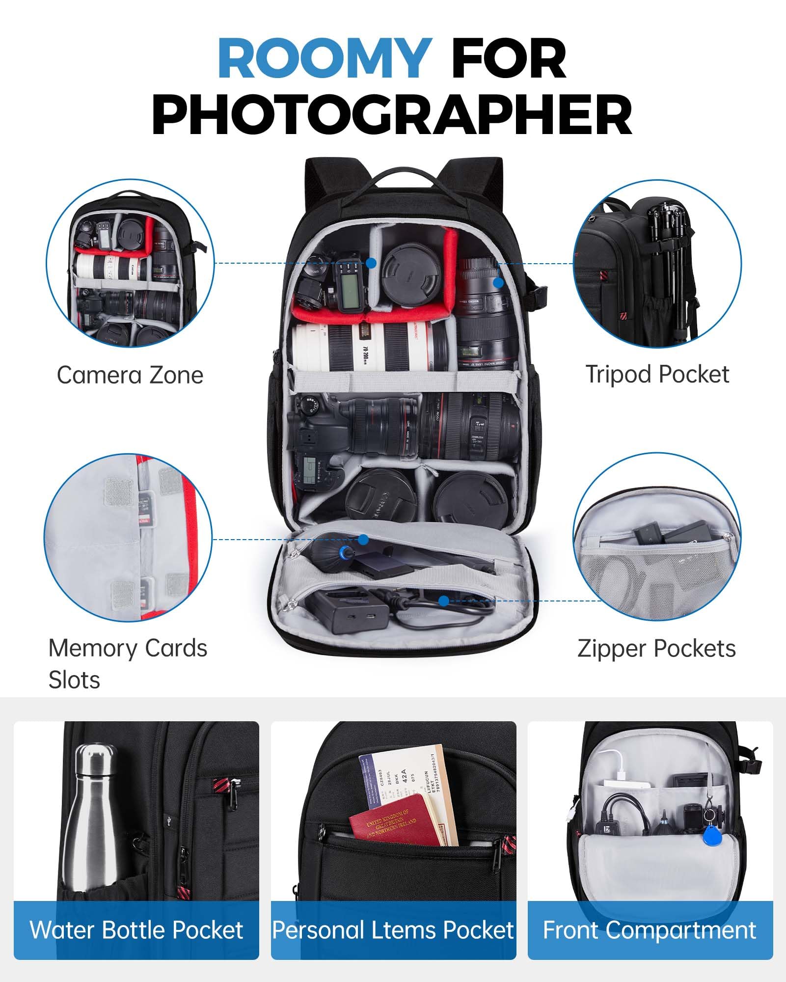 BAGSMART Camera Backpack, Expandable DSLR SLR Camera Bags for Photographers, Photography Travel Backpack with 15.6" Laptop Compartment, Rain Cover & Tripod Holder, Black