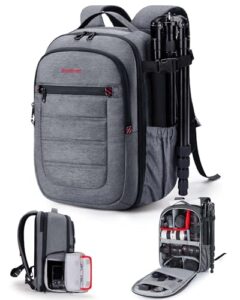 bagsmart camera backpack, expandable dslr slr camera bags for photographers, waterproof photography travel backpack with 15.6" laptop compartment &tripod holder, grey