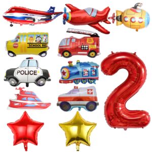 12pcs transportation truck plane school bus fire truck police car ship ambulance submarine birthday number foil balloon for transportation 2nd birthday vehicles theme party supplies decorations (2nd)
