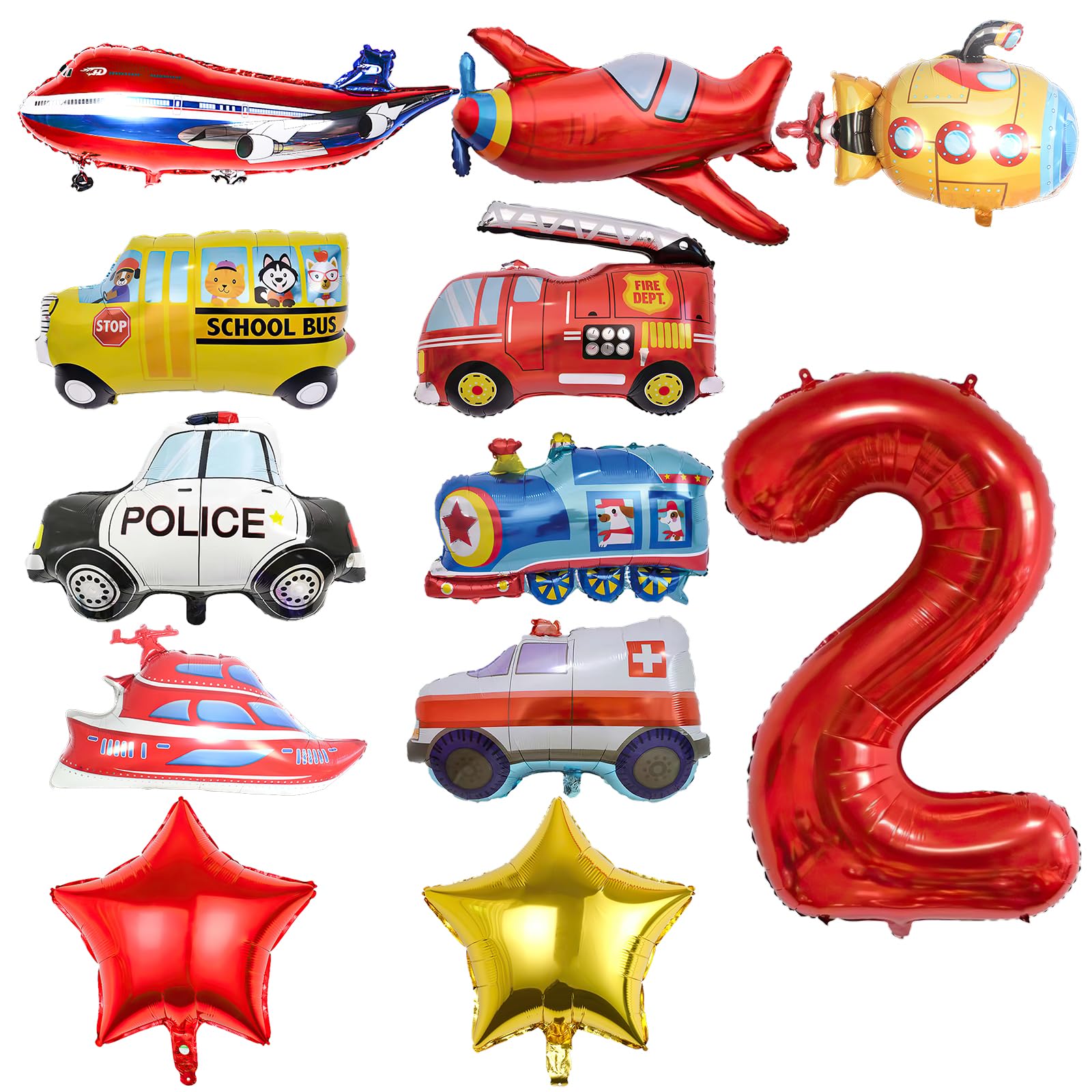 12pcs Transportation Truck Plane School Bus Fire Truck Police Car Ship Ambulance Submarine Birthday Number Foil Balloon for Transportation 2nd Birthday Vehicles Theme Party Supplies Decorations (2nd)