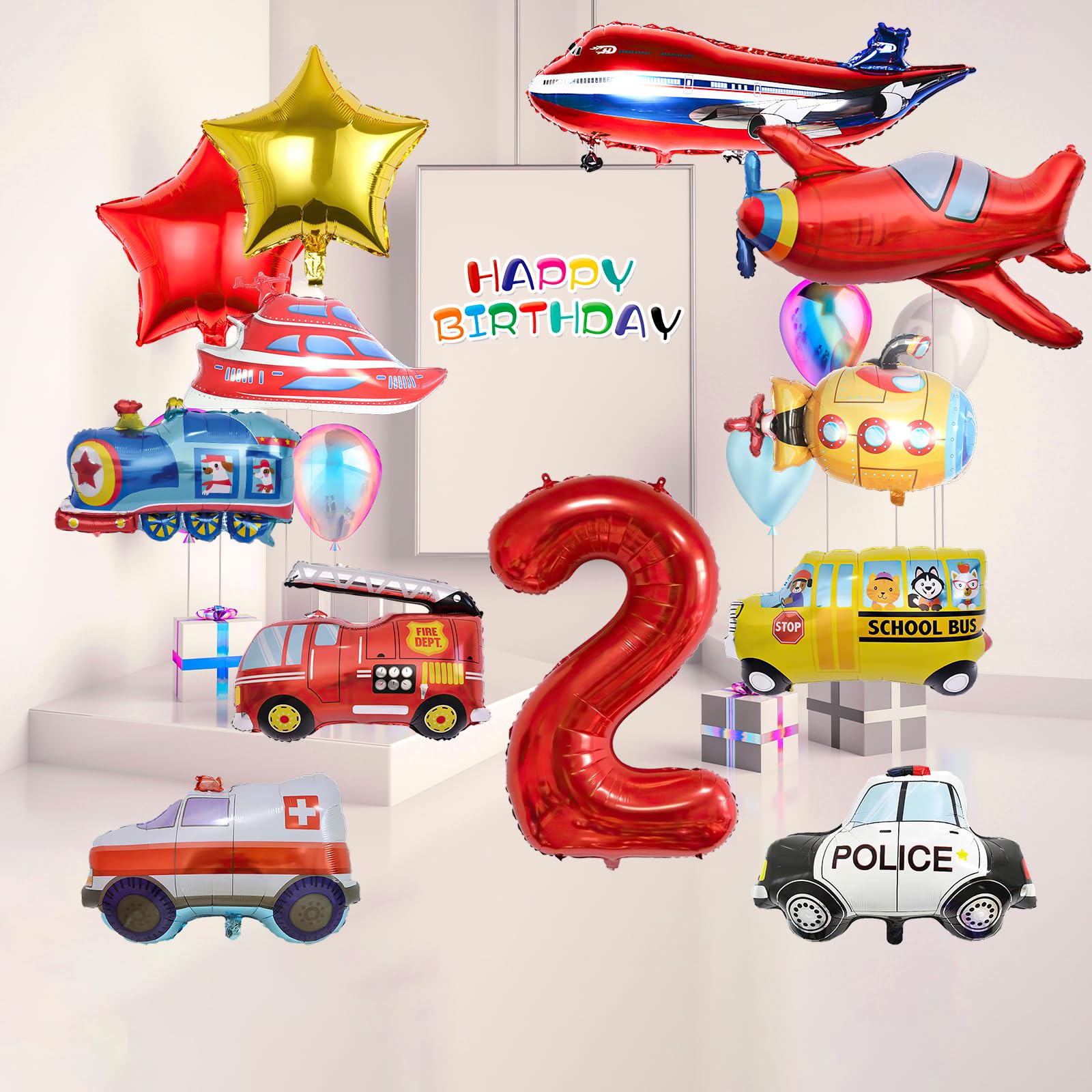 12pcs Transportation Truck Plane School Bus Fire Truck Police Car Ship Ambulance Submarine Birthday Number Foil Balloon for Transportation 2nd Birthday Vehicles Theme Party Supplies Decorations (2nd)