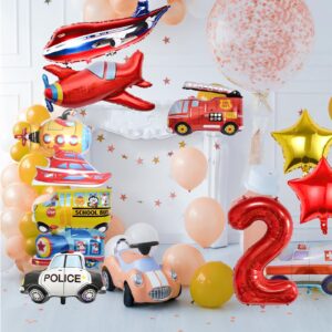 12pcs Transportation Truck Plane School Bus Fire Truck Police Car Ship Ambulance Submarine Birthday Number Foil Balloon for Transportation 2nd Birthday Vehicles Theme Party Supplies Decorations (2nd)