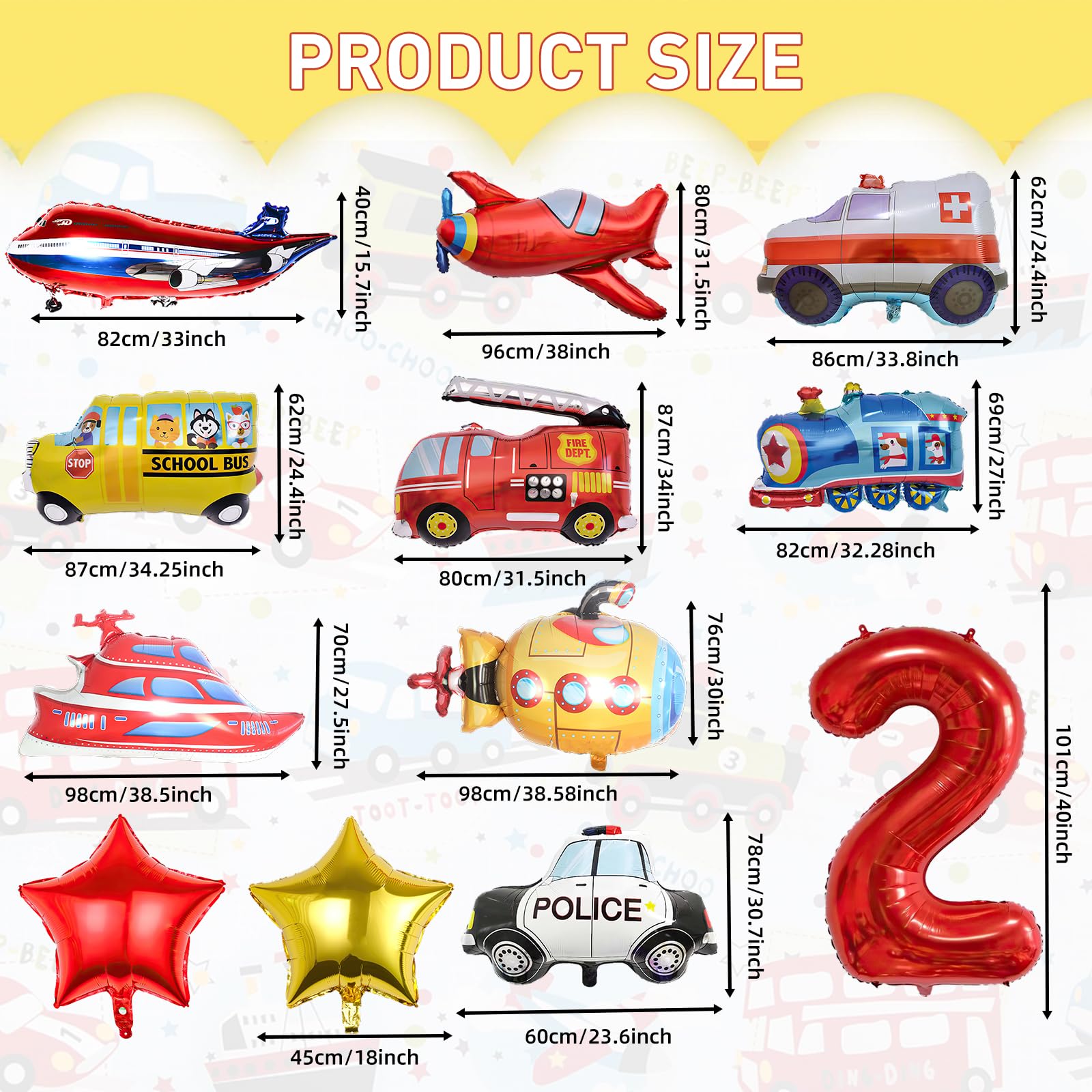 12pcs Transportation Truck Plane School Bus Fire Truck Police Car Ship Ambulance Submarine Birthday Number Foil Balloon for Transportation 2nd Birthday Vehicles Theme Party Supplies Decorations (2nd)