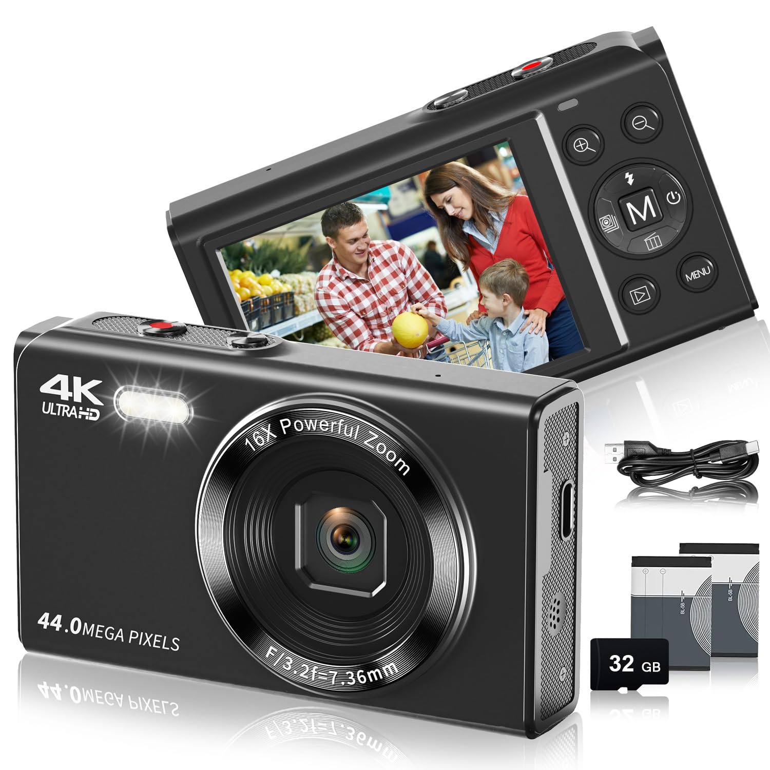 Digital Camera, 1080P 44 Mega Pixels Vlogging Camera with 16X Digital Zoom, LCD Screen, Compact Portable Mini Cameras for Students, Teens, Kids