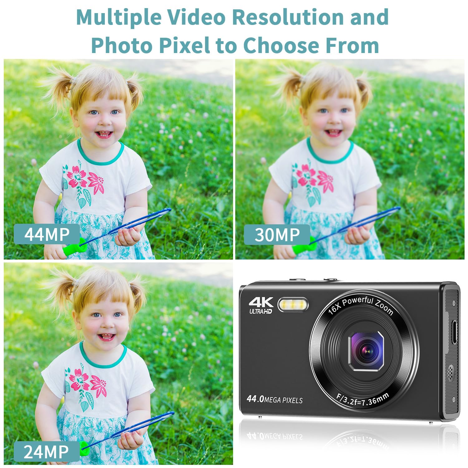 Digital Camera, 1080P 44 Mega Pixels Vlogging Camera with 16X Digital Zoom, LCD Screen, Compact Portable Mini Cameras for Students, Teens, Kids