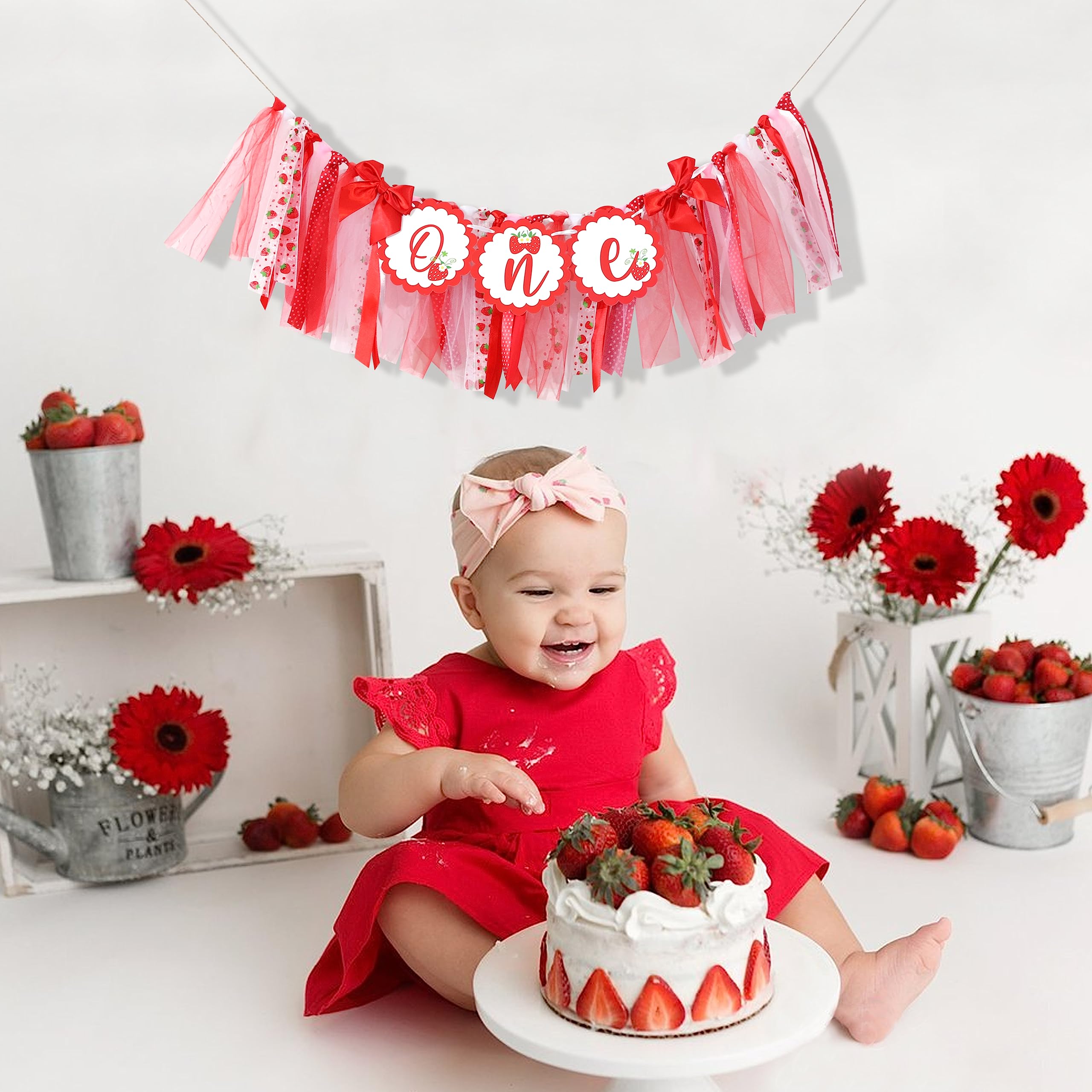 Strawberry 1st Birthday High Chair Banner - Berry Sweet Party Strawberry Girl First Birthday Decorations,Strawberry One Banner,Girls First Birthday (Strawberry Banner)