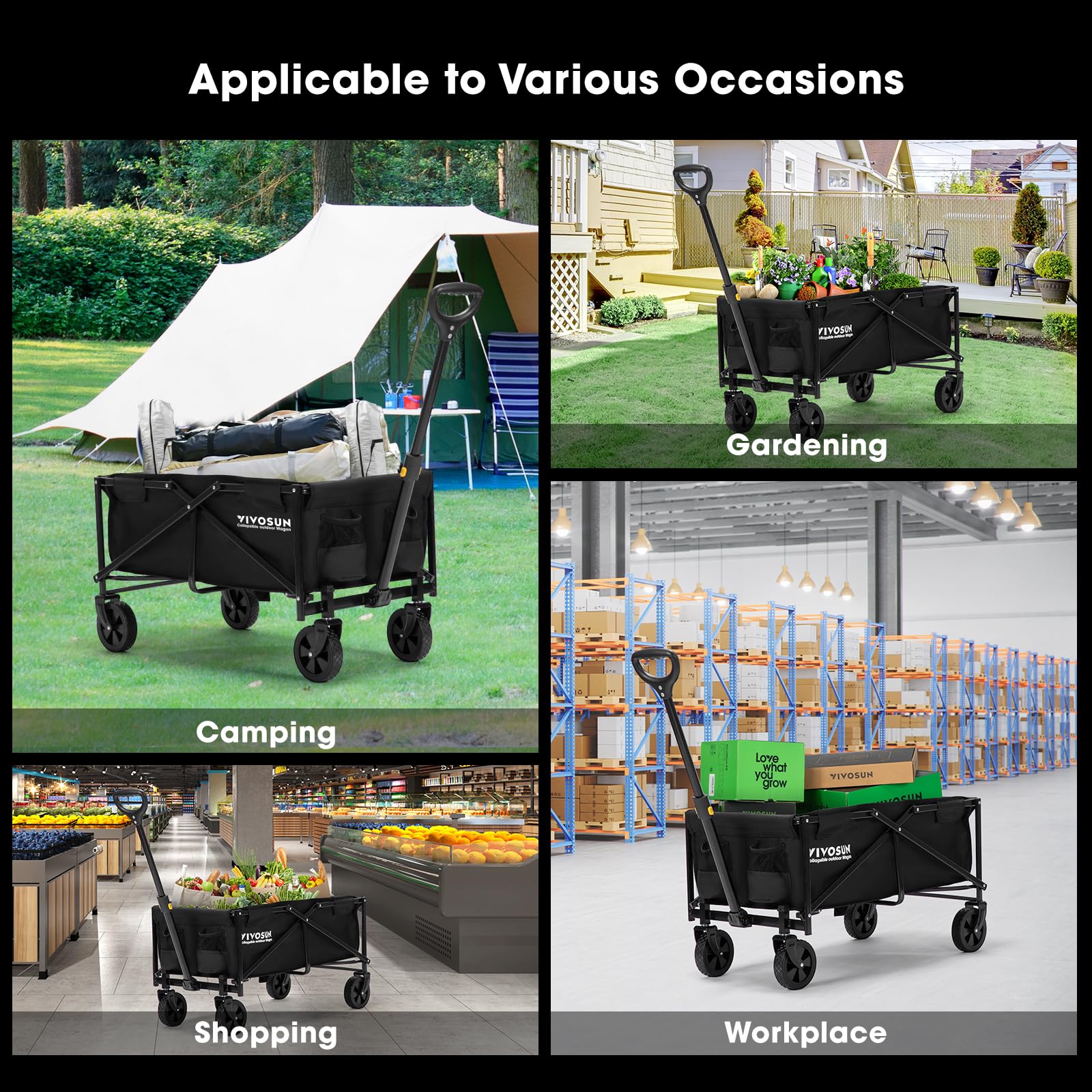 VIVOSUN Collapsible Folding Wagon, Outdoor Utility with All-Terrain Wheels, Adjustable Handle, Cup Holders & Side Pockets, for Camping, Shopping, Garden, 210Lbs Capacity, Black