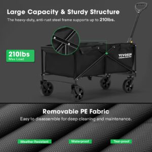 VIVOSUN Collapsible Folding Wagon, Outdoor Utility with All-Terrain Wheels, Adjustable Handle, Cup Holders & Side Pockets, for Camping, Shopping, Garden, 210Lbs Capacity, Black