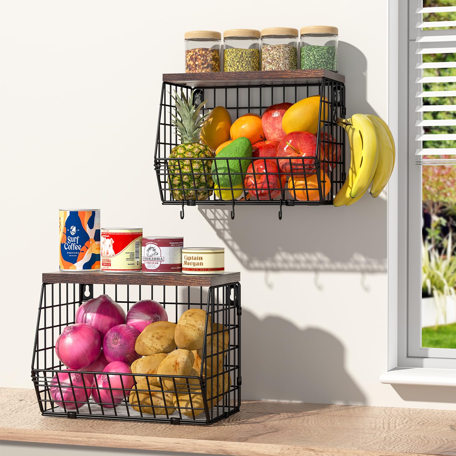 2 Tier Fruit Bowl Fruit Basket for Kitchen Counter Stackable Wall Mounted Hanging Basket Wire Baskets with Wood Lid with 4 Banana Hanger Hooks, Onion Basket, Fruit and Vegetable Storage