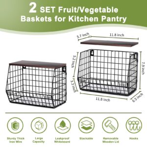 2 Tier Fruit Bowl Fruit Basket for Kitchen Counter Stackable Wall Mounted Hanging Basket Wire Baskets with Wood Lid with 4 Banana Hanger Hooks, Onion Basket, Fruit and Vegetable Storage