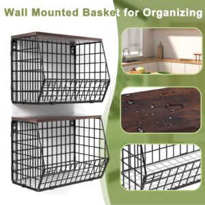 2 Tier Fruit Bowl Fruit Basket for Kitchen Counter Stackable Wall Mounted Hanging Basket Wire Baskets with Wood Lid with 4 Banana Hanger Hooks, Onion Basket, Fruit and Vegetable Storage