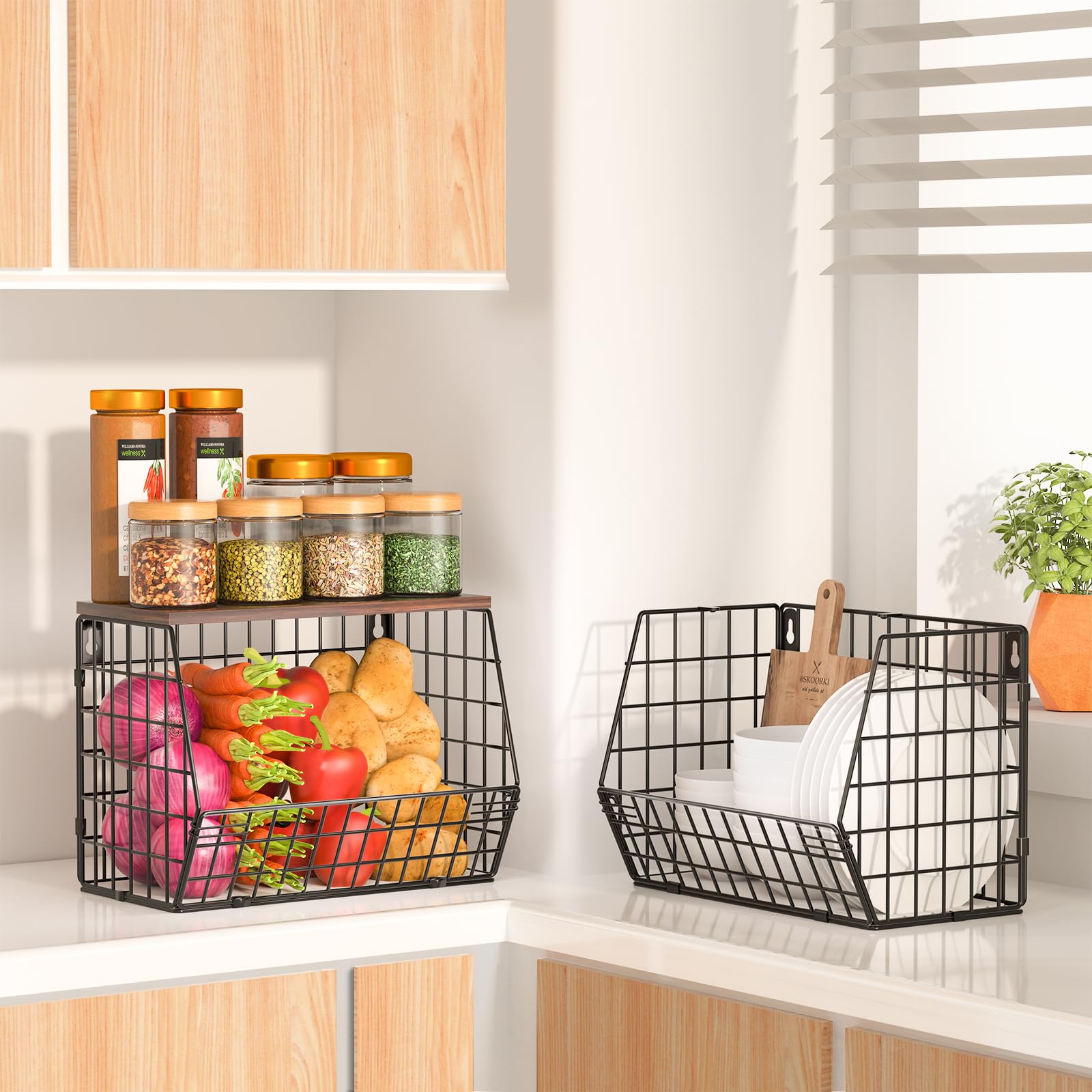 2 Tier Fruit Bowl Fruit Basket for Kitchen Counter Stackable Wall Mounted Hanging Basket Wire Baskets with Wood Lid with 4 Banana Hanger Hooks, Onion Basket, Fruit and Vegetable Storage