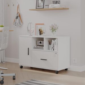 Wood File Cabinet with Lock, 1-Drawer Wooden Office Lateral Filing Cabinet on Wheels Mobile Printer Stand with Open Storage Shelf for Letter/Legal/A4 Size Files (White)