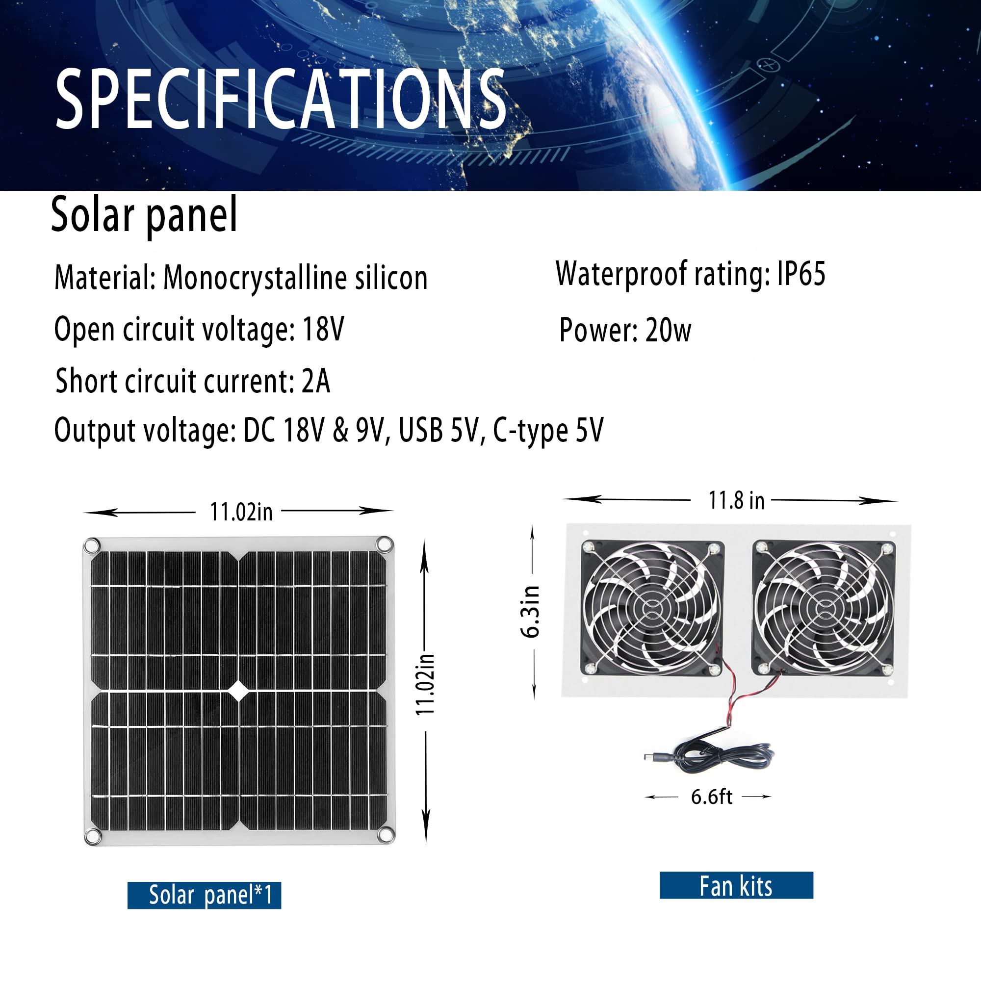 20W 18V Solar Panel Fans, Solar Powered Exhaust Fans for Greenhouse, Chicken Coop, Shed, Dog House,Outside Roof Vent, Camping