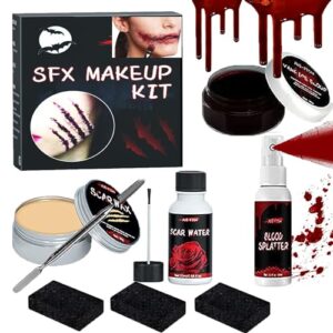 halloween sfx makeup kit, contain (fake wound modeling skin wax with spatula, fake blood splatter spray, fake blood cream, scab coagulated blood gel, 3 stipple sponge), realistic washable