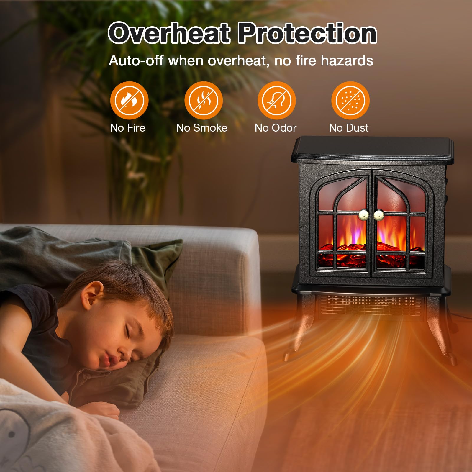 Airchoice Electric Fireplace Heater, Infrared Space Heater with 3s Fast Heating, 1500W 750W 2 Modes, 3D Flame Effect, Overheat Protection, Upgraded 3 Sides Wider View, Quiet Freestanding Stove