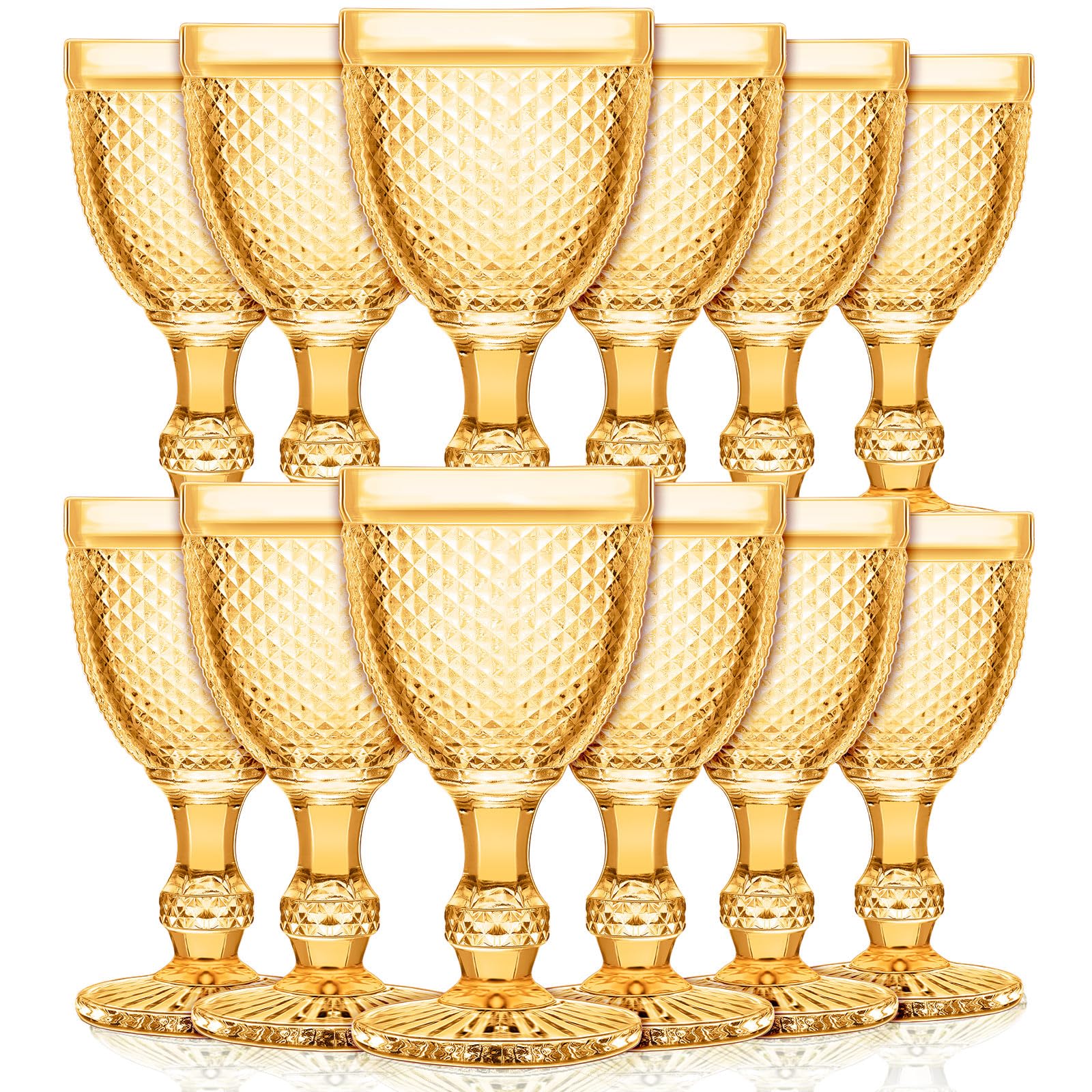 Bokon 12 Pack Wine Glasses Red Wine Glass Goblets High Clear Wine Glass 10 oz Vintage Glass Goblet Embossed Diamond Design Glassware Goblet with Stem for Juice Liquor Party Wedding Bar (Amber)