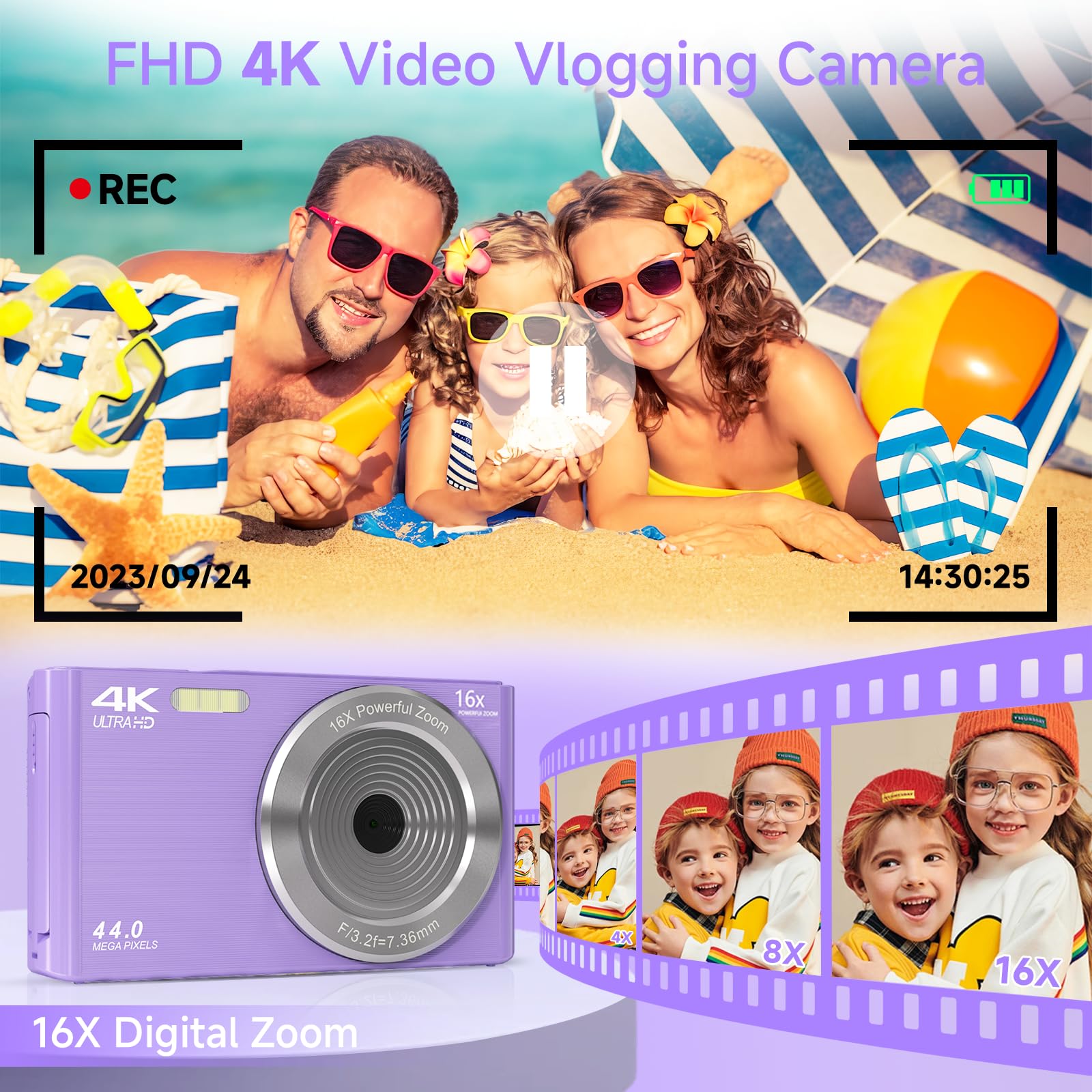Digital Camera for Teens, FHD 4K 44MP Digital Camera Purple with 64GB SD Card 16X Digital Zoom, Cameras for Photography Compact Point and Shoot Camera for Teen Boys Girls Kids Camera Digital