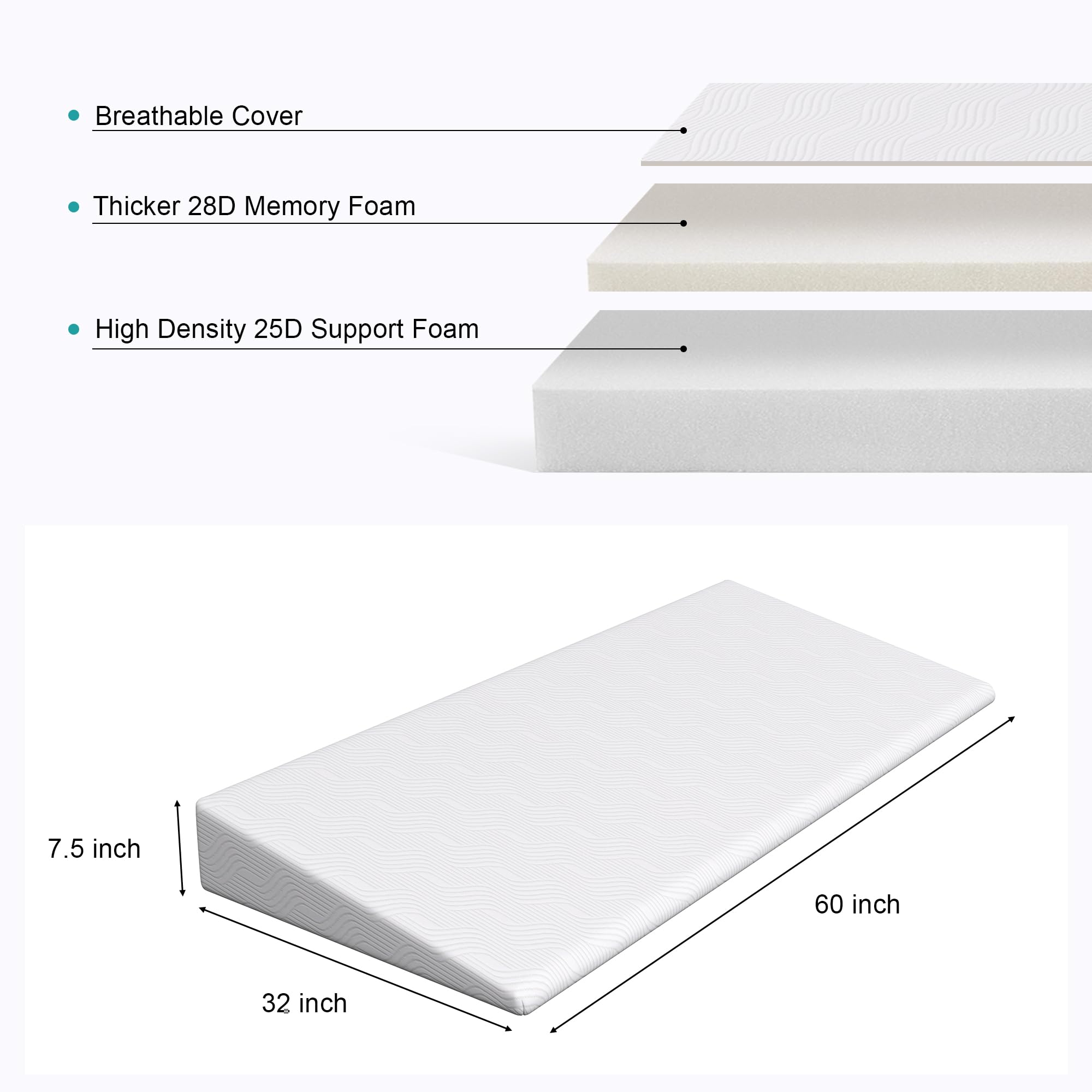 TOLEAD Bed Inclined Wedge Pillow, 7.5 Inch Bed Incline Mattress Topper, Wedge Mattress Elevator for Acid Reflux, Post Surgery, Anti-snoring, Queen, White