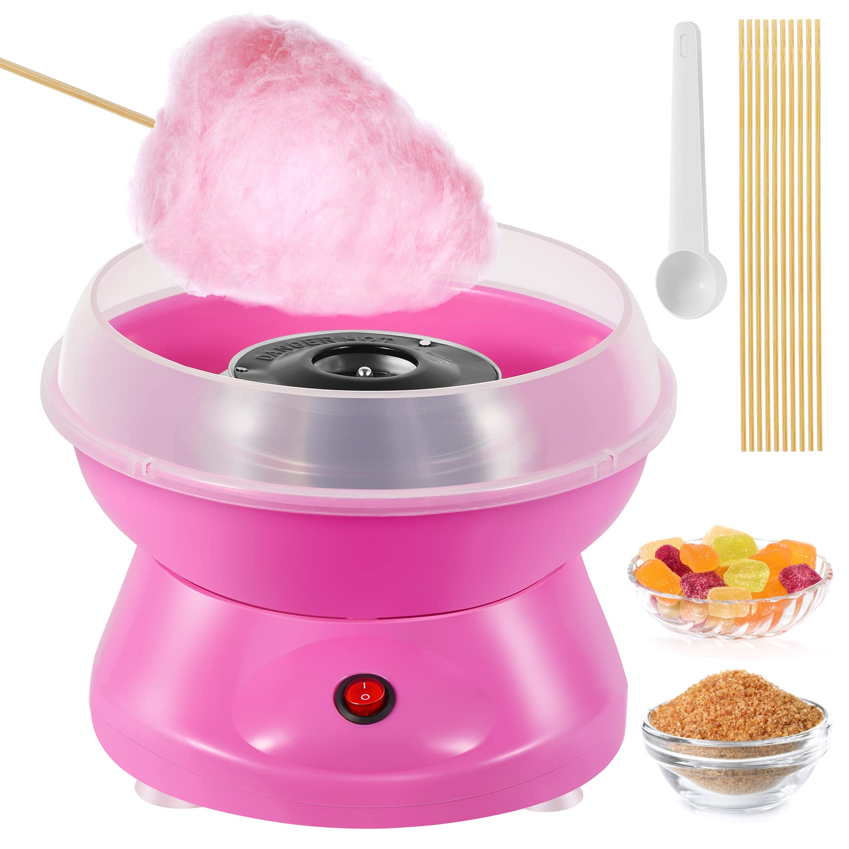 Cotton Candy Machine for Kids, Mini Electric Cotton Candy Maker with Food Grade Splash-Proof Plate for Home Kids Birthday Family Party, Includes 10 Bamboo Sticks & Sugar Scoop, Pink