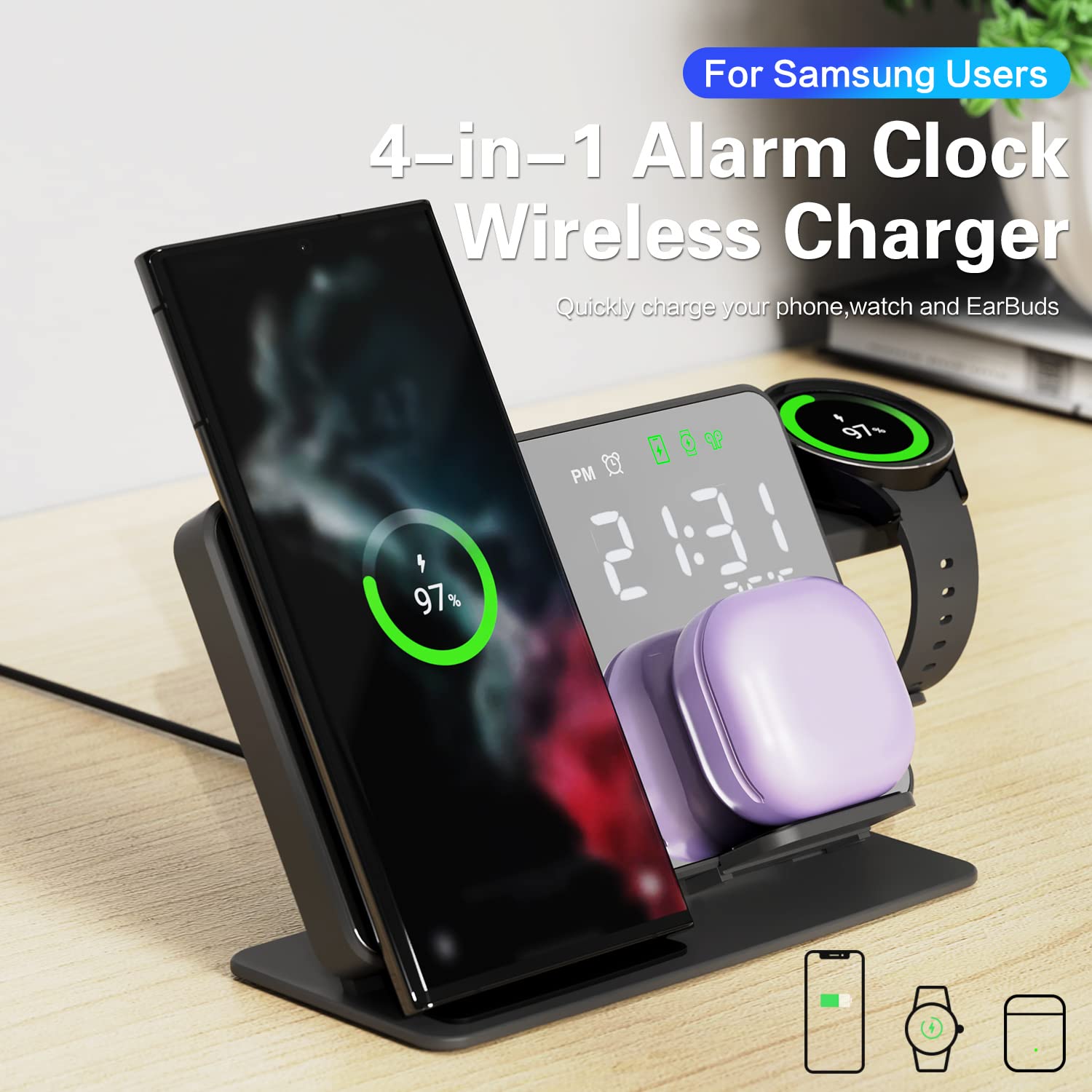 MOSHOU Wireless Charging Station for Samsung Devices, Mirror Alarm Clock Charging Dock for Galaxy S23 S22 S21 S20 S10/Note 20 10 9/ Z Flip Fold 4, Galaxy Watch 5 Pro/5/4/3, Galaxy Buds(with Adapter)
