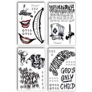 4 sheets joker tattoos(size:11.8"x7.87"), halloween temporary tattoos for men, suicide squad fake tattoo stickers for adults halloween cosplay costumes masquerade party makeup accessories (normal)