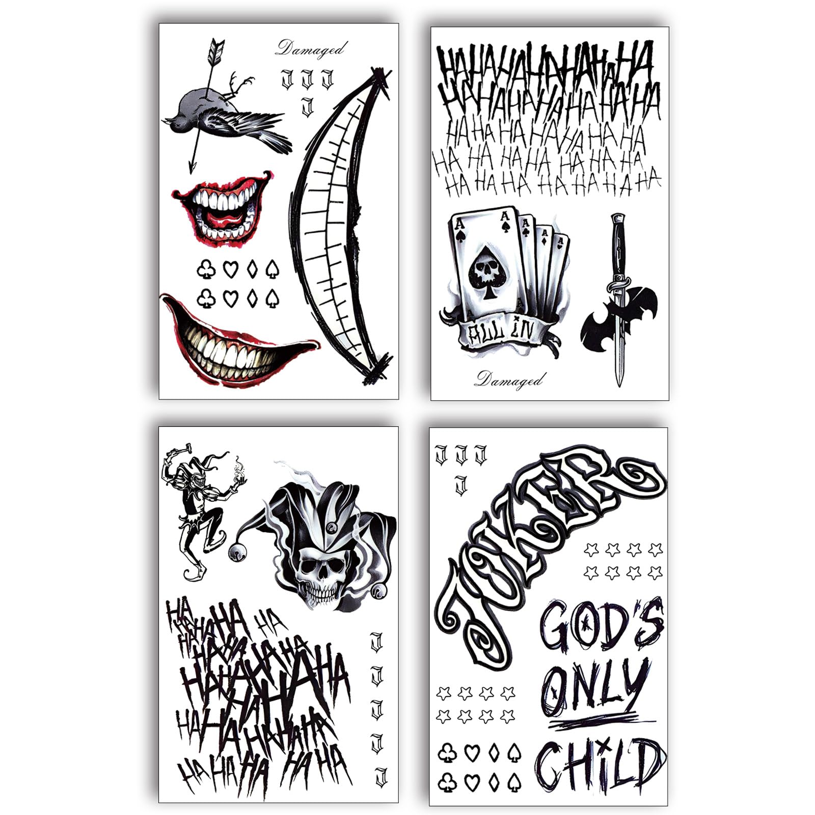 4 Sheets Joker Tattoos(Size:11.8"x7.87"), Halloween Temporary Tattoos for Men, Suicide Squad Fake Tattoo Stickers For Adults Halloween Cosplay Costumes Masquerade Party Makeup Accessories (normal)