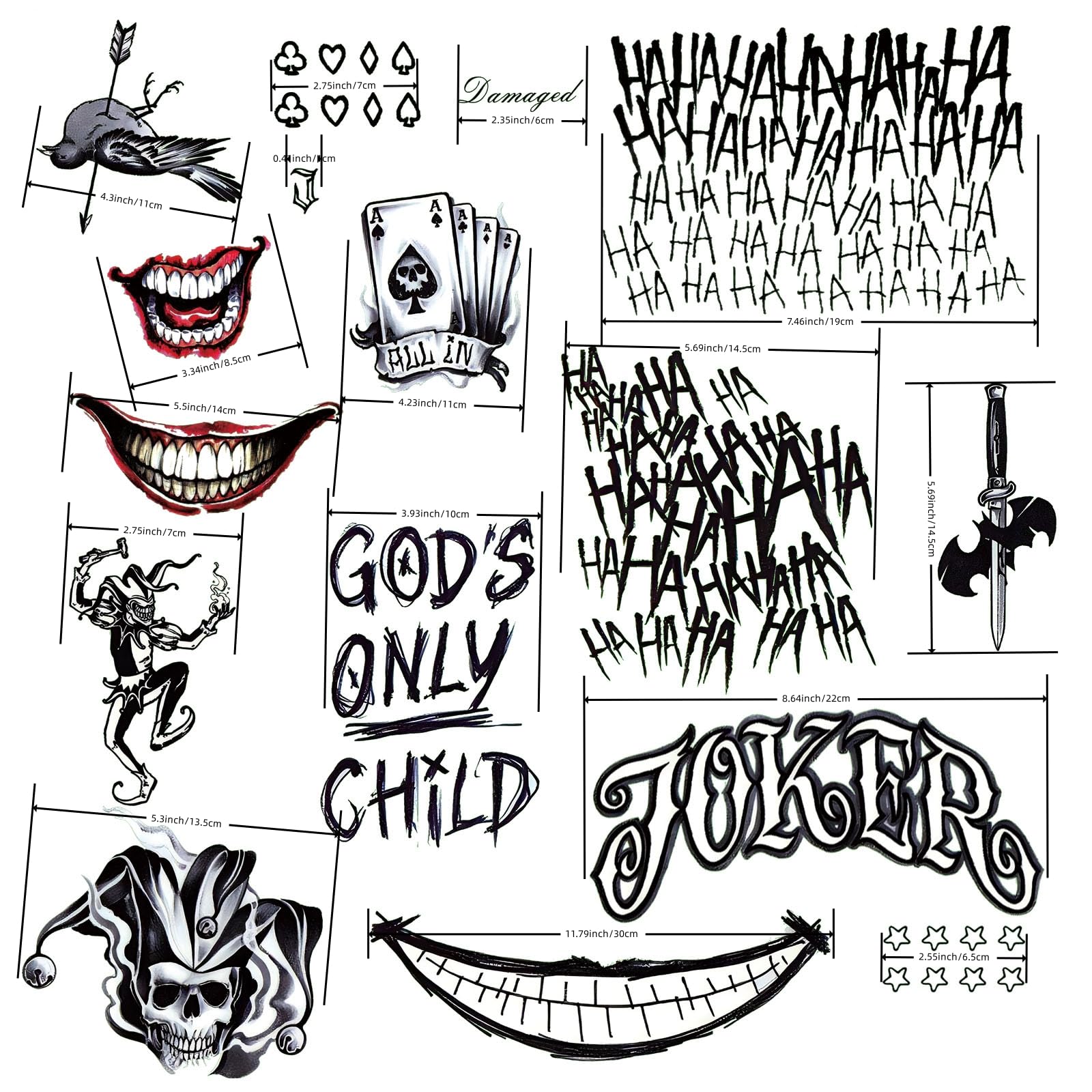 4 Sheets Joker Tattoos(Size:11.8"x7.87"), Halloween Temporary Tattoos for Men, Suicide Squad Fake Tattoo Stickers For Adults Halloween Cosplay Costumes Masquerade Party Makeup Accessories (normal)