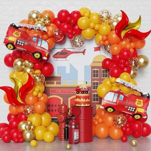 enanal fire balloon garland arch kit, 144pcs red yellow chrome gold balloons with fire truck foil balloons for fireman party supplies kids birthday firefighter rescue themed party decoration (fire)