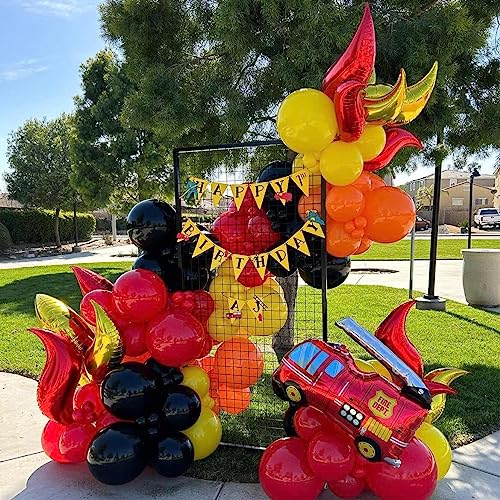 Enanal Fire Balloon Garland Arch Kit, 144pcs Red Yellow Chrome Gold Balloons with Fire Truck Foil Balloons for Fireman Party Supplies Kids Birthday Firefighter Rescue Themed Party Decoration (Fire)