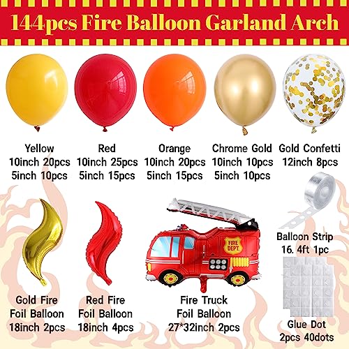 Enanal Fire Balloon Garland Arch Kit, 144pcs Red Yellow Chrome Gold Balloons with Fire Truck Foil Balloons for Fireman Party Supplies Kids Birthday Firefighter Rescue Themed Party Decoration (Fire)