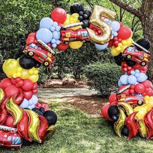 Enanal Fire Balloon Garland Arch Kit, 144pcs Red Yellow Chrome Gold Balloons with Fire Truck Foil Balloons for Fireman Party Supplies Kids Birthday Firefighter Rescue Themed Party Decoration (Fire)