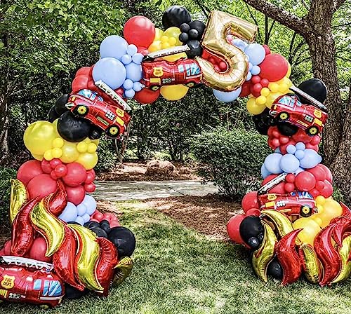 Enanal Fire Balloon Garland Arch Kit, 144pcs Red Yellow Chrome Gold Balloons with Fire Truck Foil Balloons for Fireman Party Supplies Kids Birthday Firefighter Rescue Themed Party Decoration (Fire)