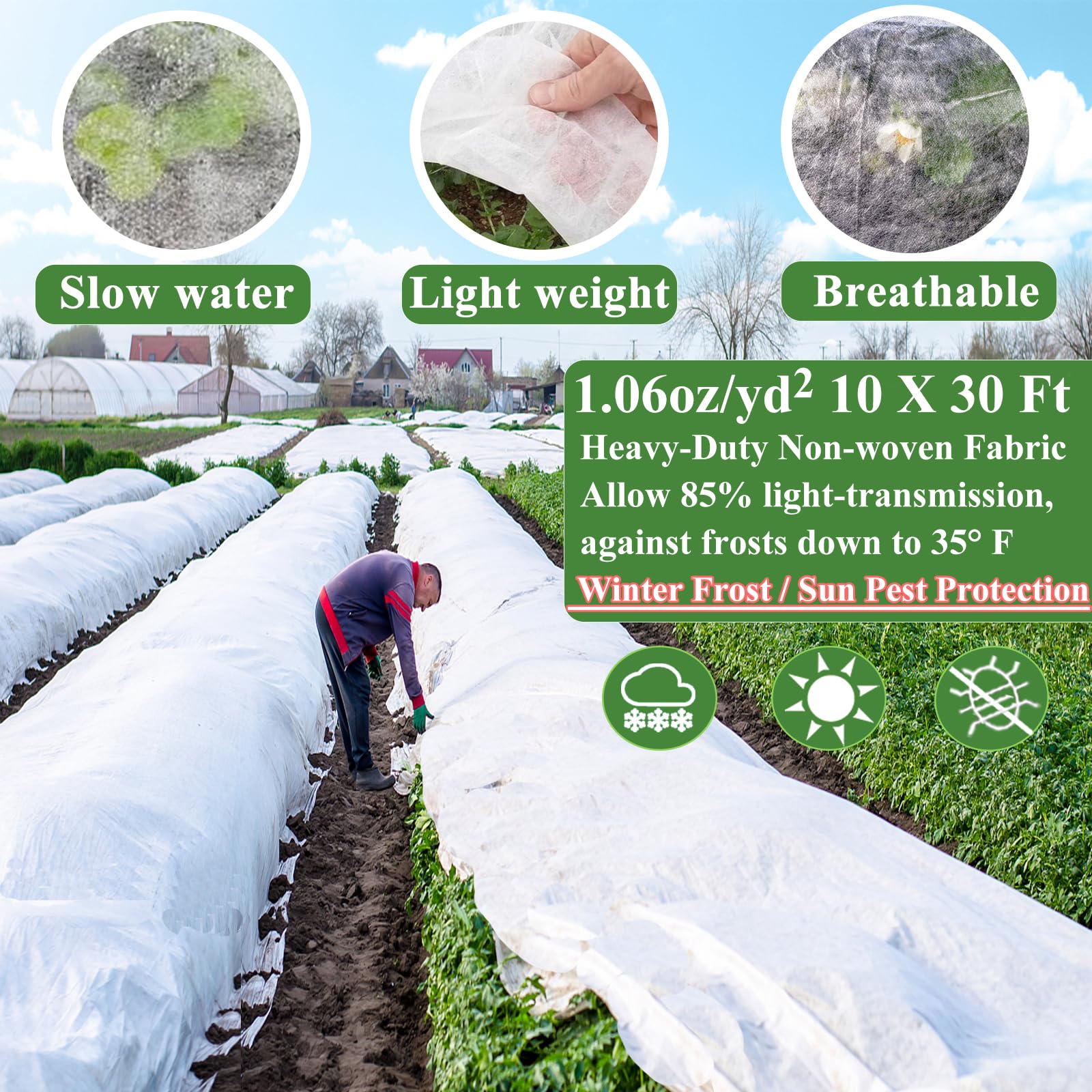 WYRJXYB Plant Covers Freeze Protection 10 x 30Ft with 20 Stainless Steel Clips- Frost Cloth Plant Blankets Floating Row Cover for Outdoor Plants Raised Bed Greenhouse Winter Frost Sun Shade Protection