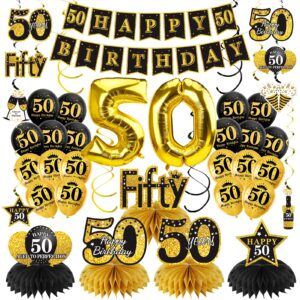 turypaty 36pcs 50th birthday decorations kit for men women, black gold happy 50 birthday banner balloons honeycomb centerpiece hanging swirl party supplies, fifth year old bday table topper decor