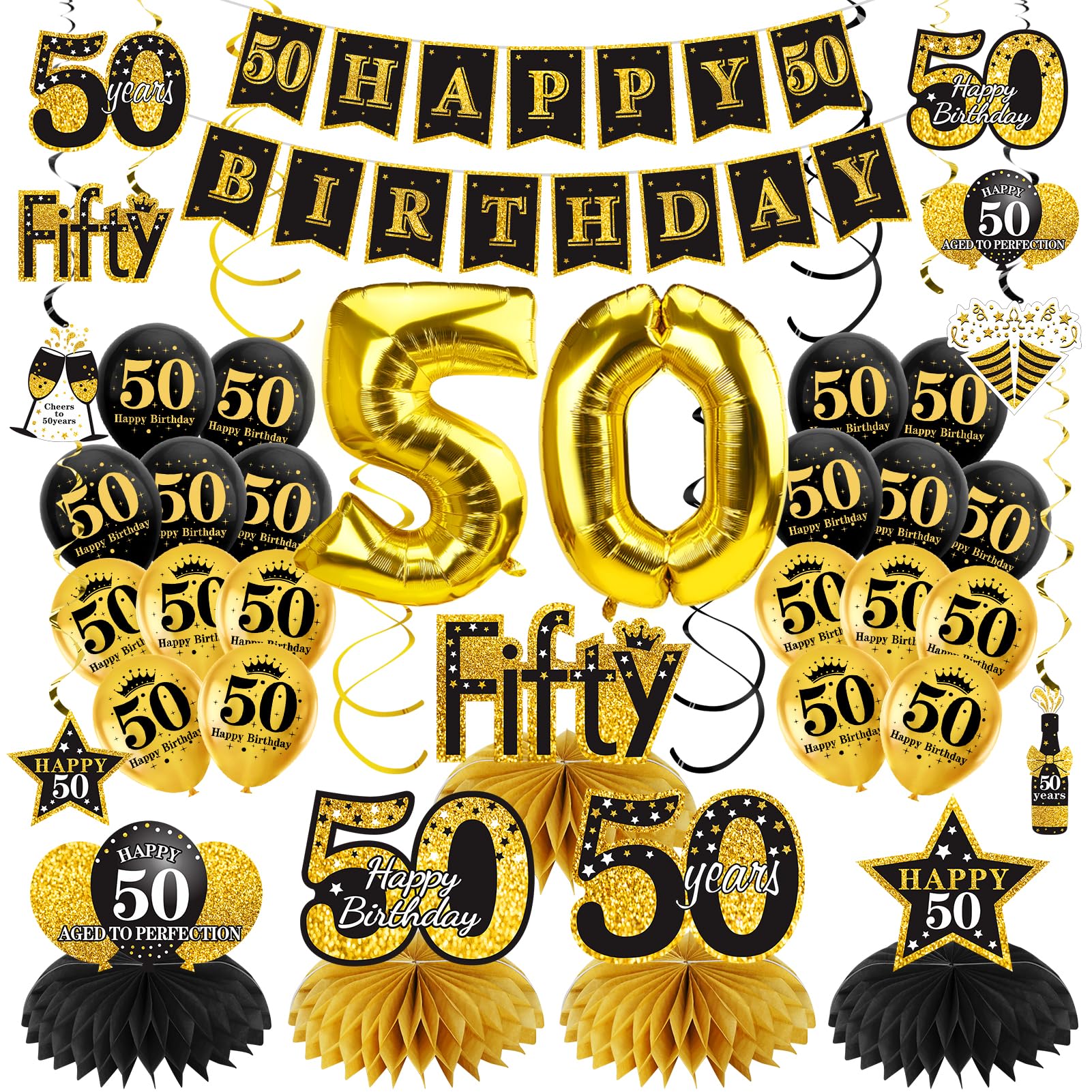 Turypaty 36Pcs 50th Birthday Decorations Kit for Men Women, Black Gold Happy 50 Birthday Banner Balloons Honeycomb Centerpiece Hanging Swirl Party Supplies, Fifth Year Old Bday Table Topper Decor