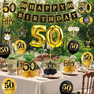 Turypaty 36Pcs 50th Birthday Decorations Kit for Men Women, Black Gold Happy 50 Birthday Banner Balloons Honeycomb Centerpiece Hanging Swirl Party Supplies, Fifth Year Old Bday Table Topper Decor