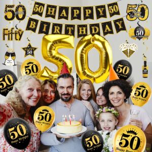 Turypaty 36Pcs 50th Birthday Decorations Kit for Men Women, Black Gold Happy 50 Birthday Banner Balloons Honeycomb Centerpiece Hanging Swirl Party Supplies, Fifth Year Old Bday Table Topper Decor