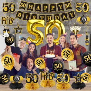 Turypaty 36Pcs 50th Birthday Decorations Kit for Men Women, Black Gold Happy 50 Birthday Banner Balloons Honeycomb Centerpiece Hanging Swirl Party Supplies, Fifth Year Old Bday Table Topper Decor