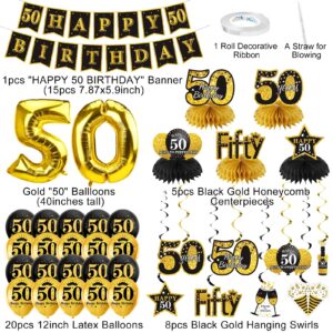 Turypaty 36Pcs 50th Birthday Decorations Kit for Men Women, Black Gold Happy 50 Birthday Banner Balloons Honeycomb Centerpiece Hanging Swirl Party Supplies, Fifth Year Old Bday Table Topper Decor