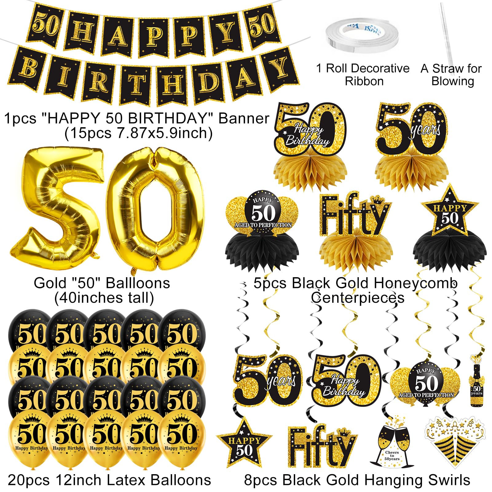 Turypaty 36Pcs 50th Birthday Decorations Kit for Men Women, Black Gold Happy 50 Birthday Banner Balloons Honeycomb Centerpiece Hanging Swirl Party Supplies, Fifth Year Old Bday Table Topper Decor