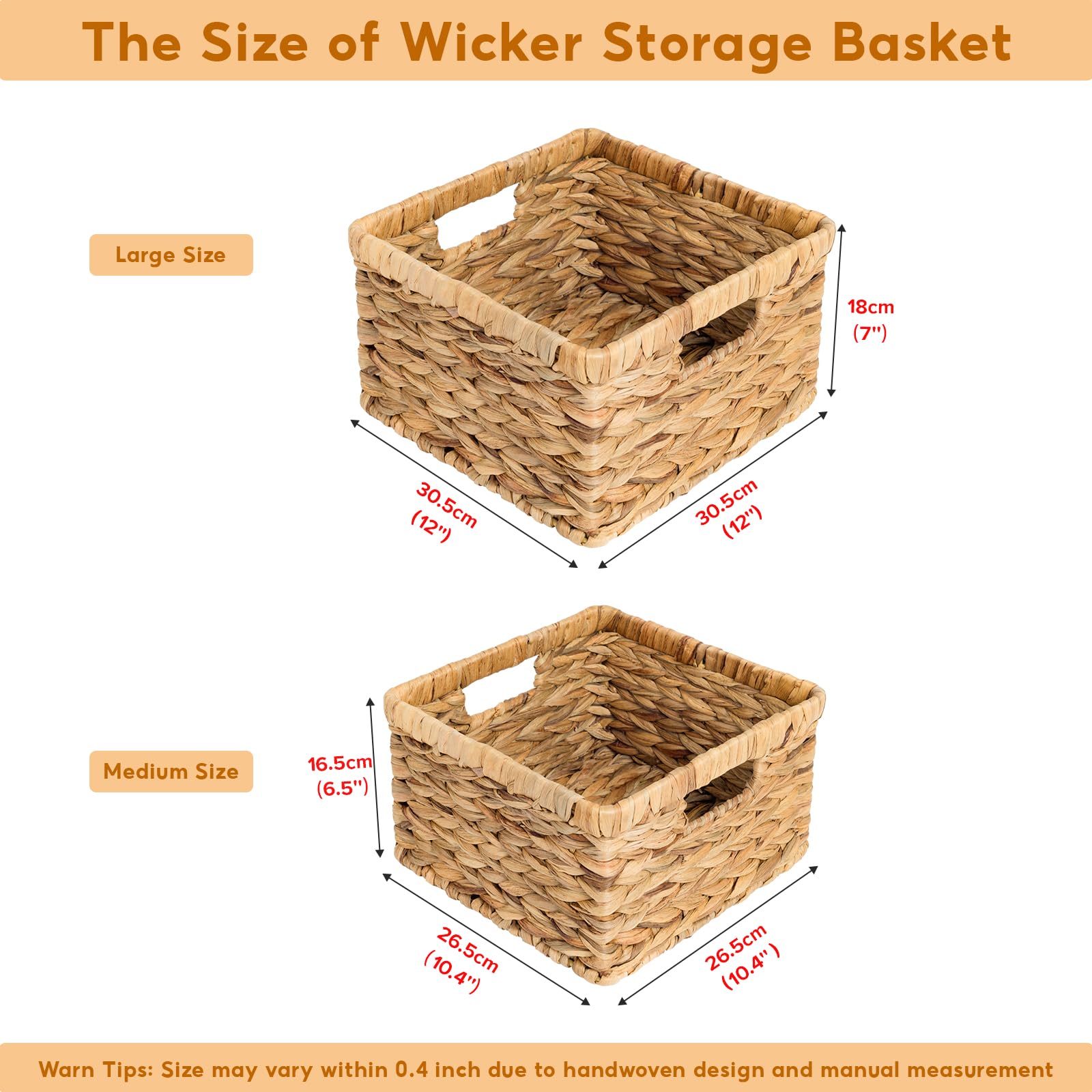 OEHID Wicker Baskets for Storage Water Hyacinth Storage Baskets Wicker Storage Basket, Large Wicker Basket Wicker Baskets for Shelves Pantry Baskets, Rectangular Storage Baskets with Handles, 2 Pack