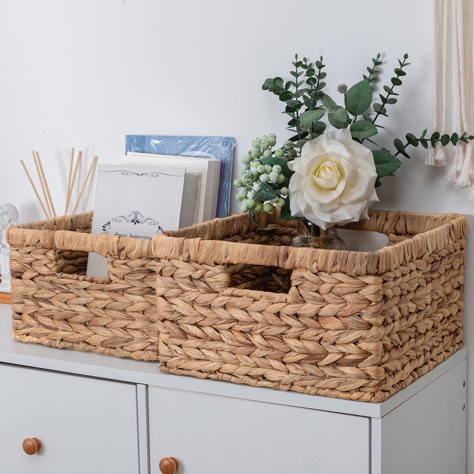 OEHID Wicker Baskets for Storage Water Hyacinth Storage Baskets Wicker Storage Basket, Large Wicker Basket Wicker Baskets for Shelves Pantry Baskets, Rectangular Storage Baskets with Handles, 2 Pack