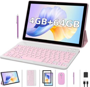 2 in 1 tablet with keyboard case mouse stylus pen film, 10 inch tablet android 11.0 tablets pc set, 4gb ram+64gb rom tableta computer 10.1" ips screen 8mp dual camera wifi bt google play tab pink/girl