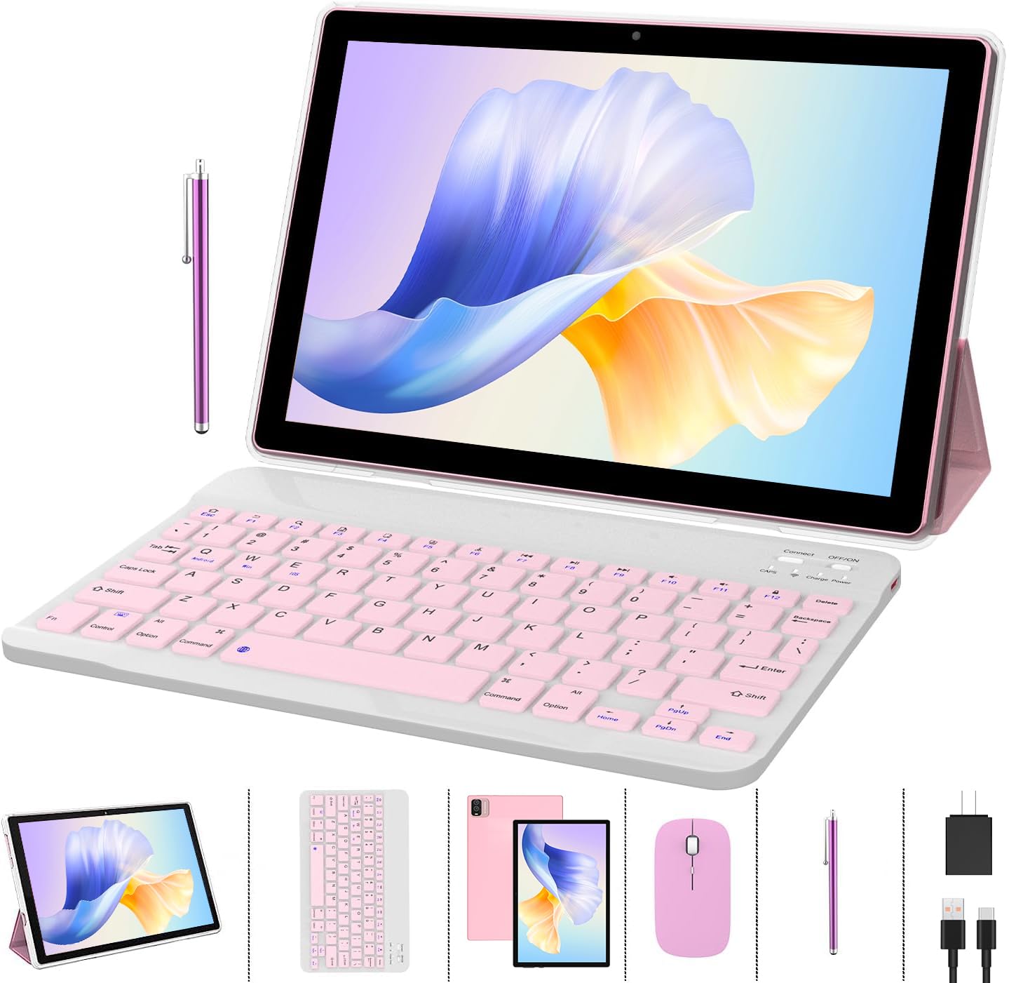 2 in 1 Tablet with Keyboard Case Mouse Stylus Pen Film, 10 inch Tablet Android 11.0 Tablets PC Set, 4GB RAM+64GB ROM Tableta Computer 10.1" IPS Screen 8MP Dual Camera WiFi BT Google Play Tab Pink/Girl