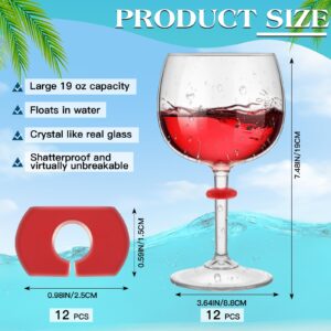 Tioncy 12 Pack Floating Wine Glasses for Pool with Charms Tags 19 oz Acrylic Pool Wine Glasses Floating Cup with Stem Reusable Stemware Shatterproof Wine Glasses for Indoor Outdoor Beach Supplies