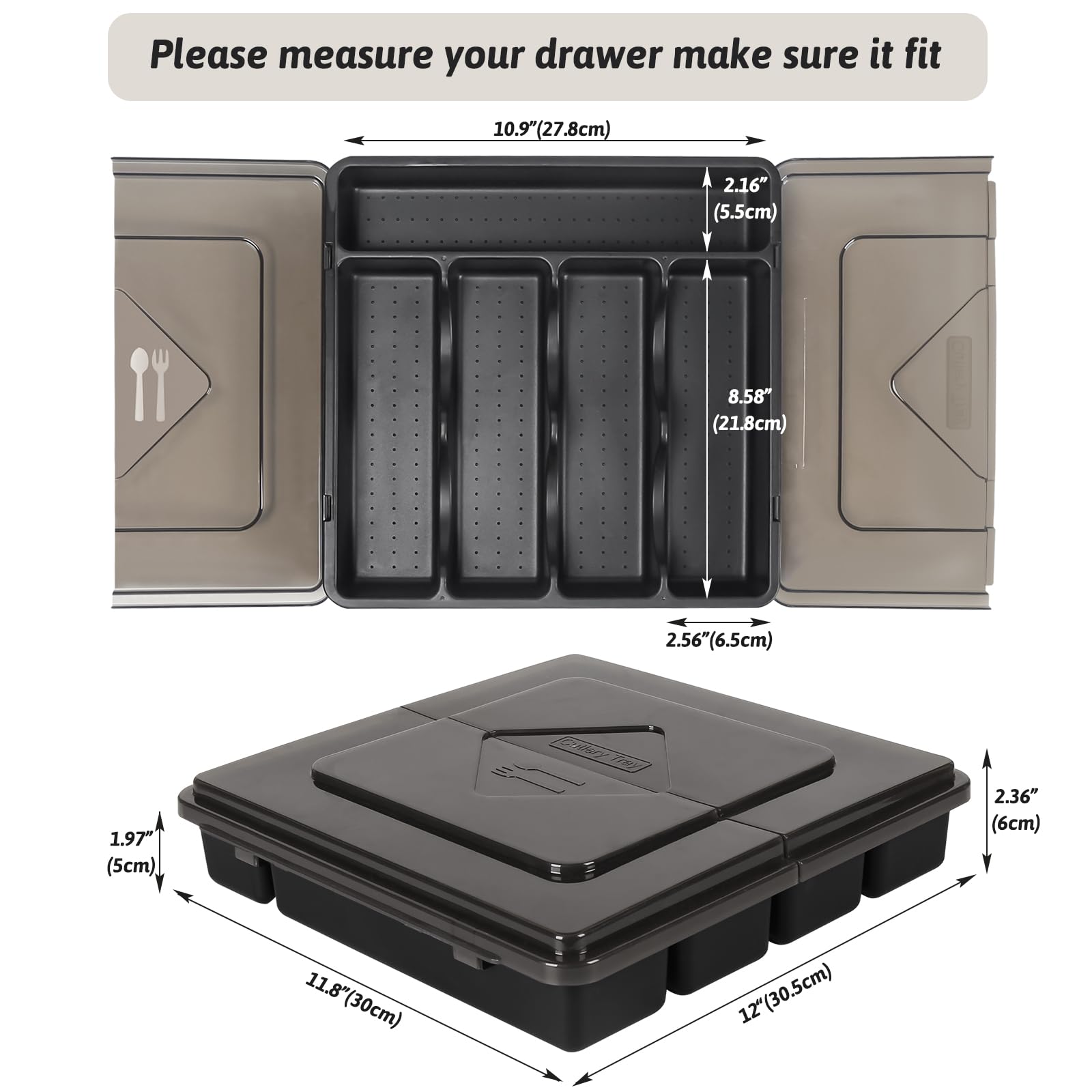 Loobuu Utensil Drawer Organizer with Lids, Silverware Tray for Kitchen Drawers, Plastic Cutlery Organizer in Drawer, 5 Compartments Flatware Organizer Tray for Kitchen and Office Drawer Storage