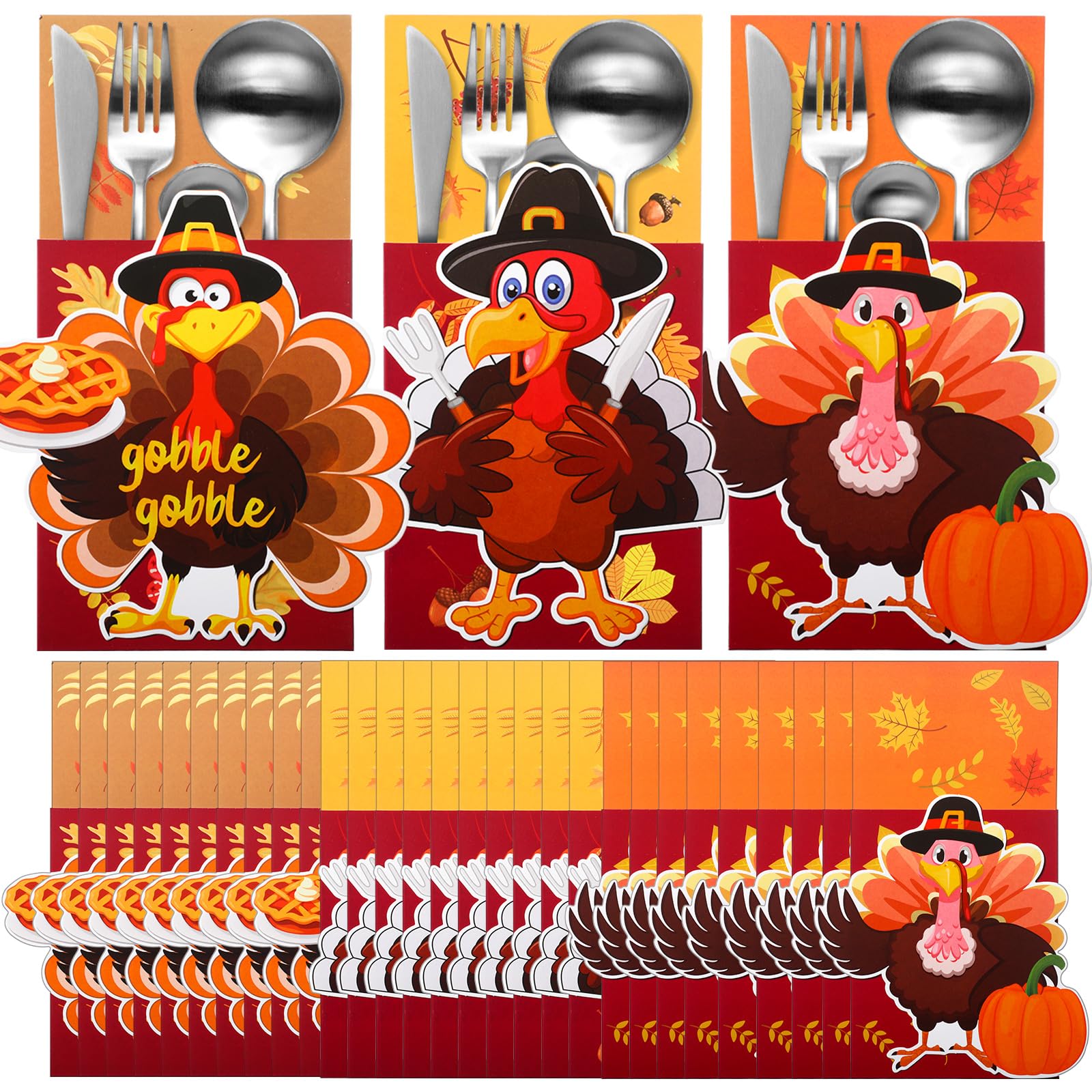 Uiifan 48 Pieces Thanksgiving Cutlery Holder Turkey Thanksgiving Utensil Holder Silverware Holder Paper Pocket Set Thanksgiving Table Decor for Autumn Harvest Party Table Decorations, 3 Styles