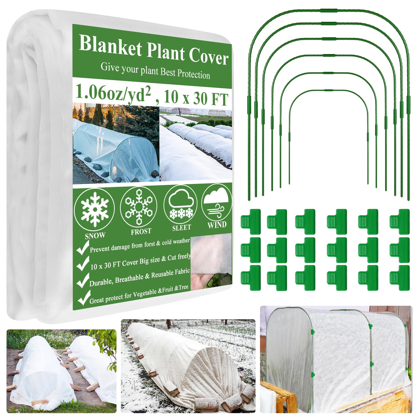 WYRJXYB Plant Covers Freeze Protection Kit 10 x 30Ft with 6Pcs Garden Hoops & 18 Clip-Frost Cloth Plant Blankets Floating Row Cover for Outdoor Plants Raised Bed Greenhouse Winter Frost Sun Protection